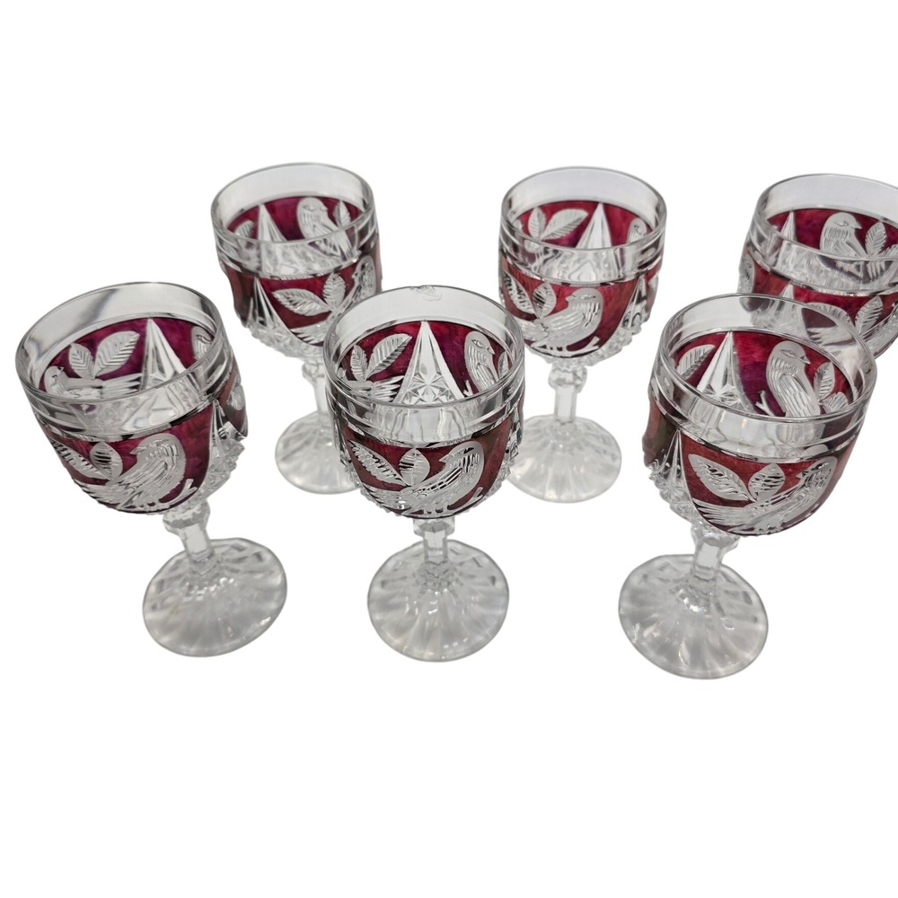 Vintage Bohemian Ruby Red Cut to Clear Crystal Wine Goblets Etched Bird Set of 6